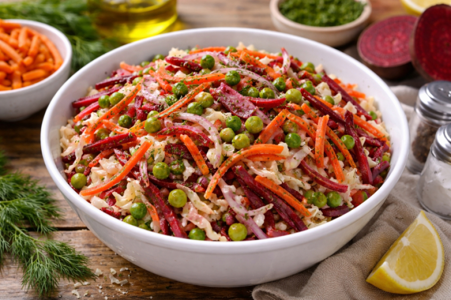 Его можно делать тазиками: капустный салат со свеклой, корейской морковью и горошком &mdash; масса витаминов и вкус