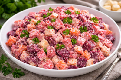 Простой до безобразия, но вкусный: салат «Розовый фламинго» из свёклы и крабовых палочек